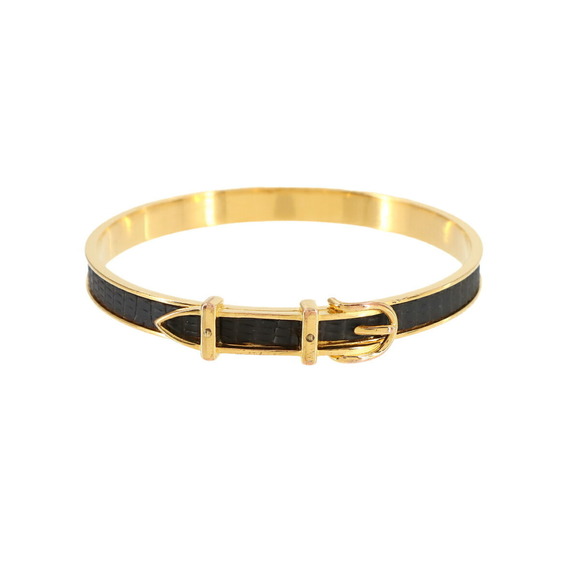 Hermes Hermès belt motif bangle bracelet in dark brown leather and gold - Picture 1 of 4